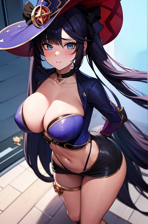 mona, blue eyes, hair between eyes, twintails, very long hair, purple hair, hat, (big breast, big ass), witch hat, high_leg, (full body), (masterpiece), (best quality), ultra high res, ultra detailed, detailed eyes, intricate, 1girl, looking at viewer, col...