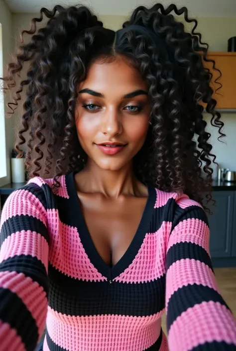  Dark-skinned Amazonian woman ,  curly hair, pigtails,  Long and voluminous , pink and black striped crochet sweatshirt,  taking a selfie , same background, ( small breasts ), neckline,  WIDE HIPS,  fine winding,  big ass and thick thighs . in the kitchen,...