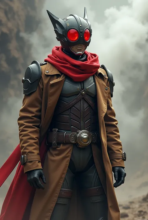 Kamen Rider wearing a brown trench coat and red scarf, Ginko Namiki, Details,masterpiece, top quality , high res, photographic , White Breath