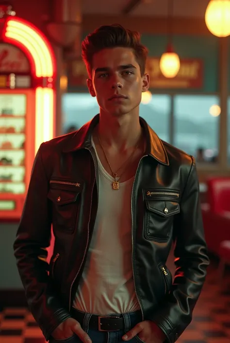 Lean muscle Teen boy Wesley Williams  (rockabilly), (leather jacket), 1950 (juke box), (malt shop), hyper realistic