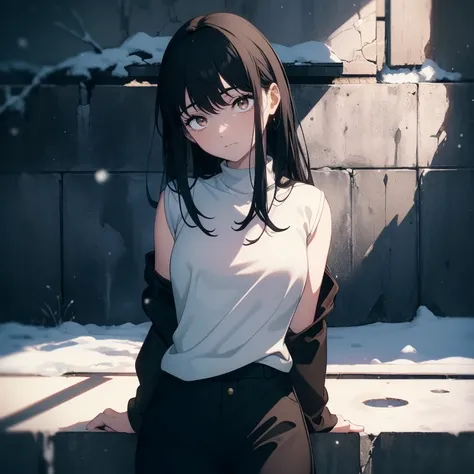 ((((Masterpiece,  best quality,  super high res)))),  1 girl,  standing,  dressed casually,  loose t-shirt ,  loose shorts, ( black hair, dark  black hair in face),  long haircut,  blue-white skin, ((brown eye)), Shine_eye, neon eye, (ultra detailed eye:0....