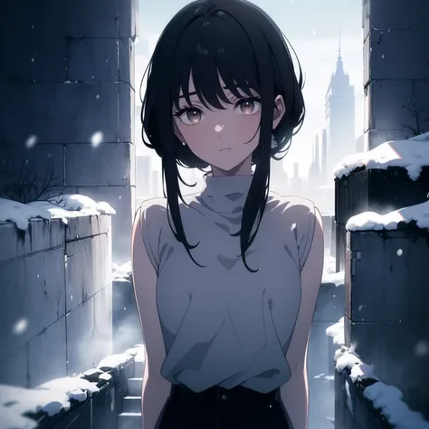 ((((Masterpiece,  best quality,  super high res)))),  1 girl,  standing,  dressed casually,  loose t-shirt ,  loose shorts, ( black hair, dark  black hair in face),  long haircut,  blue-white skin, ((brown eye)), Shine_eye, neon eye, (ultra detailed eye:0....