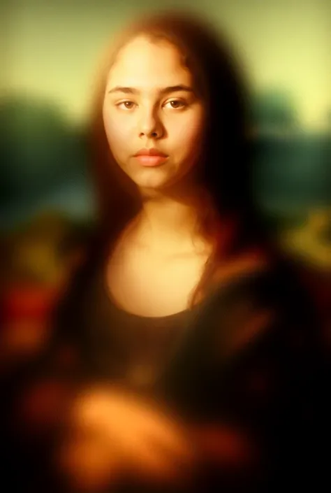 Mona Lisa with the face in photo , at the same angle, look,  smile and as real as possible 