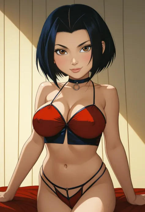 de Chan, short black hair, forehead visible, beautiful and lively brown eyes, shortstack, large breasts, nipple outline visible/braless, (revealing lingerie), exposed navel, Create an illustration of a young, busty female character staring intently at the ...