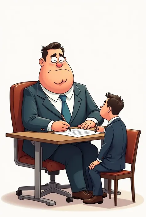 Draw a cartoon of a man with a serious and dignified face dressed in a suit.

He sits on an office chair behind a desk and signs documents.

On his knees sits another dignified man and sighns on the same documents.
