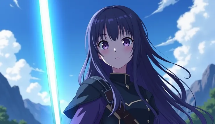 Young girl,  long black and purple hair,  hard shadows, purple eyes,  battle clothing covering the arms color black, colored anime, breasts,  Lighting, sky blue sword of rays , background of sky and mountains , 