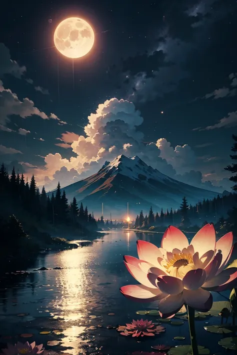 natta, Only moonlight illuminates, Meniscus, mountain in the distance, Beautiful big lotus nearby, Big red lotus, There is running water next to it, frogs, Summer is full of joy, The crescent moon and stars in the sky are mixed together, amazing wallpapers...