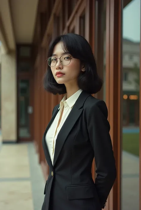  Award-winning 70s-style analog photo of a young Thai woman looking about 30 years old, standing gracefully near the auditorium.,She wears a suit,There is a Thai-Chinese ,Wear glasses, black hair