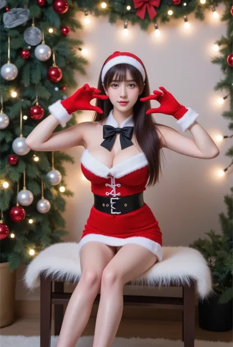 Korean model dressed in a santa claus outfit with a big black bow sitting on a white rug, gorgeous japanese model, girl Santa cosplay, full body, korean girl, Christmas decoration in the background, lot of decoration, wearing Christmas hat, 🫶🏻, heart sign 