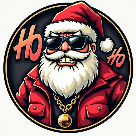 Retro cartoon gangsta santa mascot logo in circle text "ho ho ho"