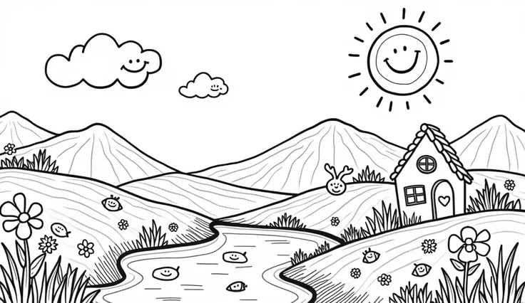 Create a black and white coloring page for preschool ren featuring a beautiful and whimsical landscape scene that includes rolling hills with smiling faces, a bright sun shining in the corner, and fluffy clouds floating in the sky. Add a cheerful river win...