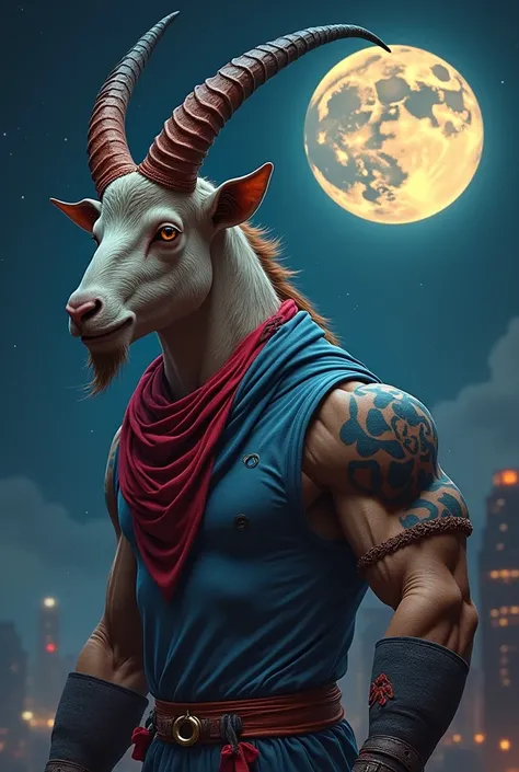 A muscular goat ,  three-headed beast , with horn in shades of blue and red ,  and wearing a pleyera from the Xelajú team .   On the right With 3 waxing moons in the middle of a full Moon and on the left 3 waning moons 