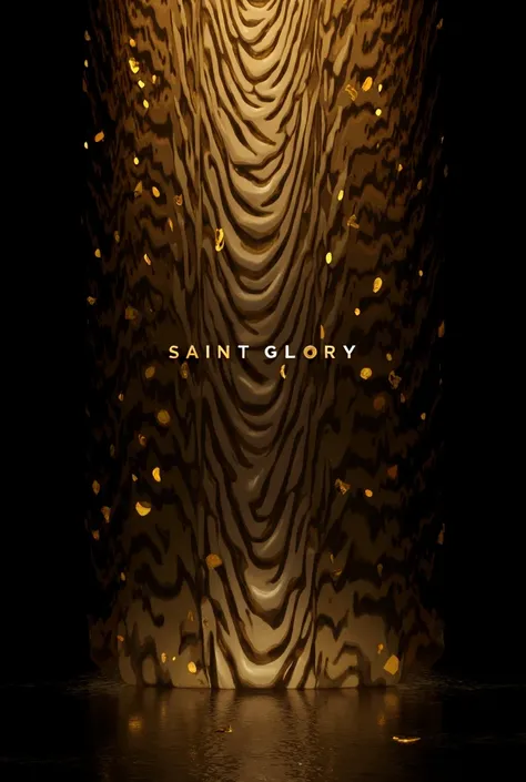 Create an imageCan you help me design a black, gold and white background with the name Saint Glory in the middle and gold and white striped glass floating above the name?