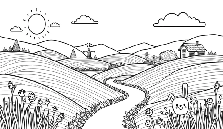 Create a black and white coloring page for preschool ren featuring a cute and charming rice field landscape. Include rolling green hills with smiling faces, a bright sun shining in the sky, and fluffy clouds floating above. Add a winding path through the r...