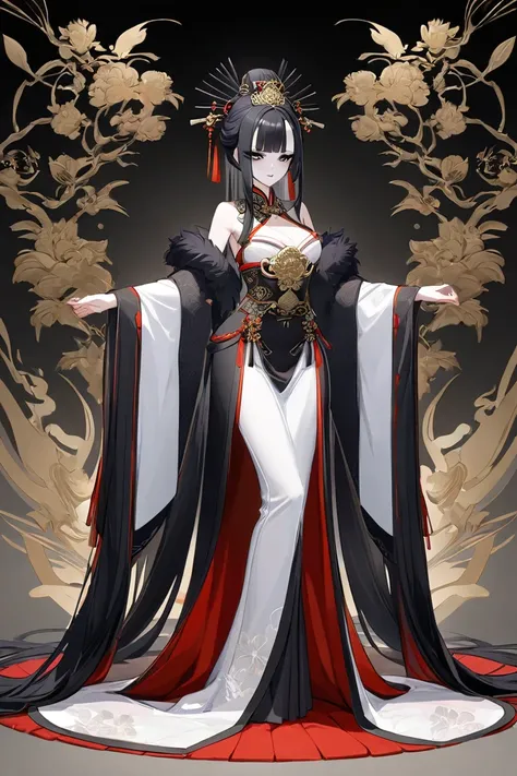  traditional Chinese empress ,  Full body ,  detailed pale face , sharp black eyes , delicate mouth,  detailed cascading black hair, hands forward,  very elegant posture ,  detailed costume of empress , 