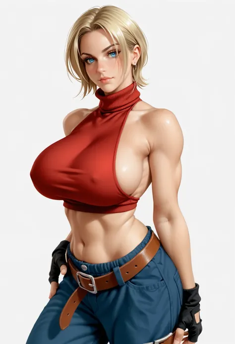  mature woman,big breasts ,wide hip,(cle masahiro:0.85),shiny skin,shiny clothes, sexual , sleeveless turtleneck, sleeveless, baggy pants, loose belt, red crop top, blue_Pants, fingerless gloves, medium blonde hair, American woman,big blue eyes,sideboob