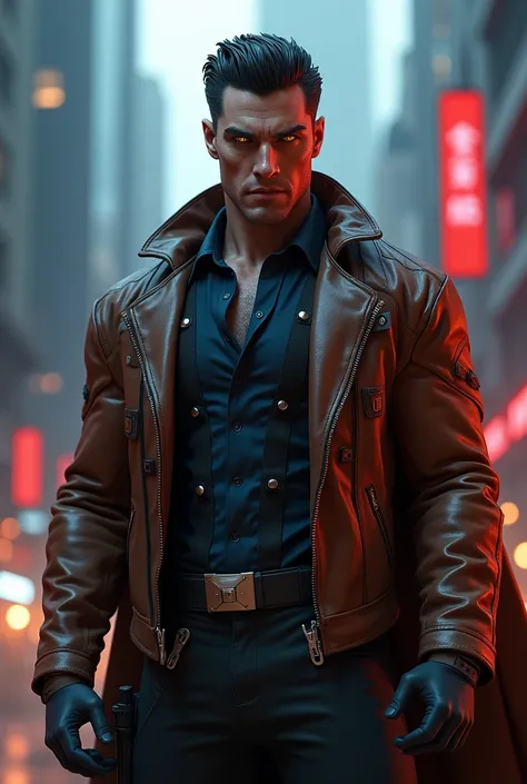  muscular man, high, with a brown jacket and a black and blue uniform underneath, hero,  short black hair,  combed back,  yellow eyes , vampiro, realistic, cyberpunk 