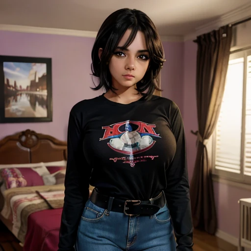 Dark nightmarish movie style, a petite cute shy innocent skinny with monstously huge fat size breasts Mexican nerdy emo teen, short volumetric hair, beautiful detailed brown eyes, cutely detailed lips, super cute highly detailed eyes and face, round shape ...