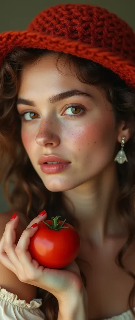 Portrait Photography， Studio Produced ， Vintage Lycra Style ，High Saturation， Girl wearing a lovely woven hat， Red Knitted Hat ， Felt Earrings ， Natural Little Freckles ，Brown long curly hair， Holding a Tomato in Her Hand ，Retro，Movie Feel，Lovely blush， Ex...