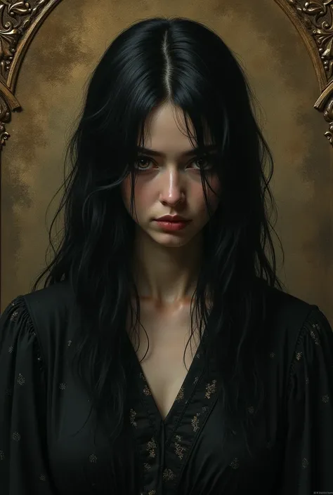 black hair, dark fantasy, Renaissance, Gothic art, Gothic art, genre painting, Dutch Golden Age painting, (best quality,4k,8k,highres,masterpiece:1.2),ultra-detailed,(realistic,photorealistic,photo-realistic:1.37),dramatic lighting, rich textures, chiarosc...