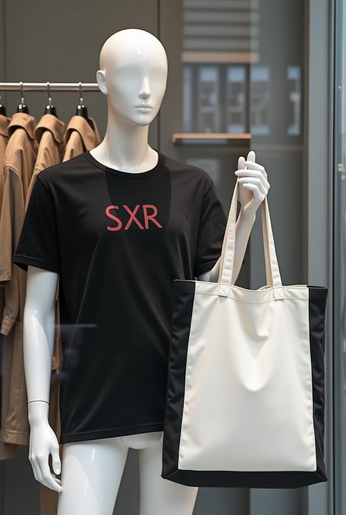  Advertising photo direct view from SXR storefront for sale Totebag bag in plain raw fabric without detai ,l Same color line , display decoration. Front display. Transparent acrylic sheet, silver gray look, elegant look, with SXR logo, steel pins, which sh...