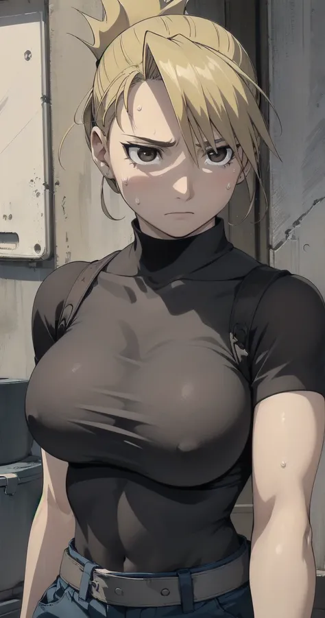 masterpiece,  top quality ,  high res,  One Girl , Hamriz,  ponytail,  brown eyes,big ,   black shirt ,   Tight Shirt  , , Short sleeve, belt,  covered navel , blue pants ,indoor、 upper body close-up、 muscular body flowing through a bowl、、sweat、Composition...