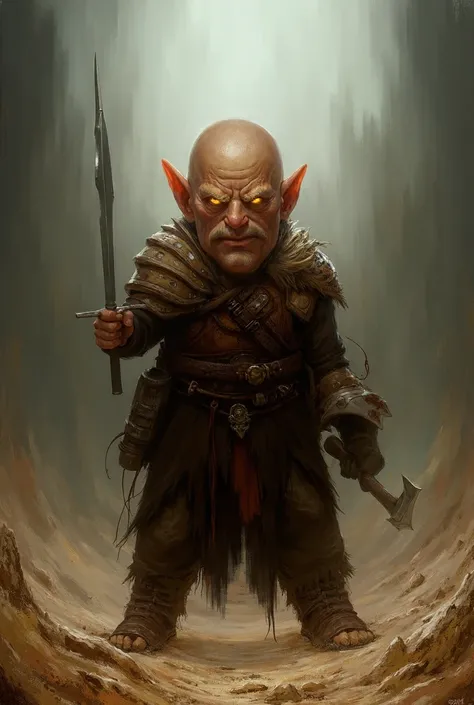 Halfling warrior with short sword in right hand and axe in left