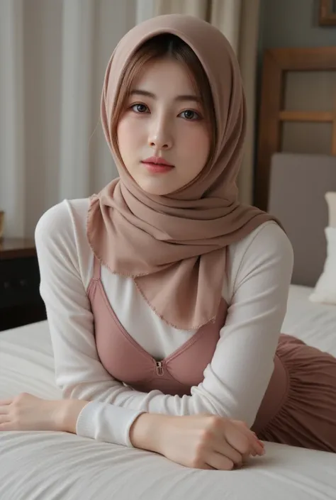 (RAW) high quality photos, 8k resolution, Realistic. The beautiful woman wore a hijab on her head, memakai bra warna pink, memakai rok panjang plisket. Tiduran di kasur. Latarbelakang kamar tidur.