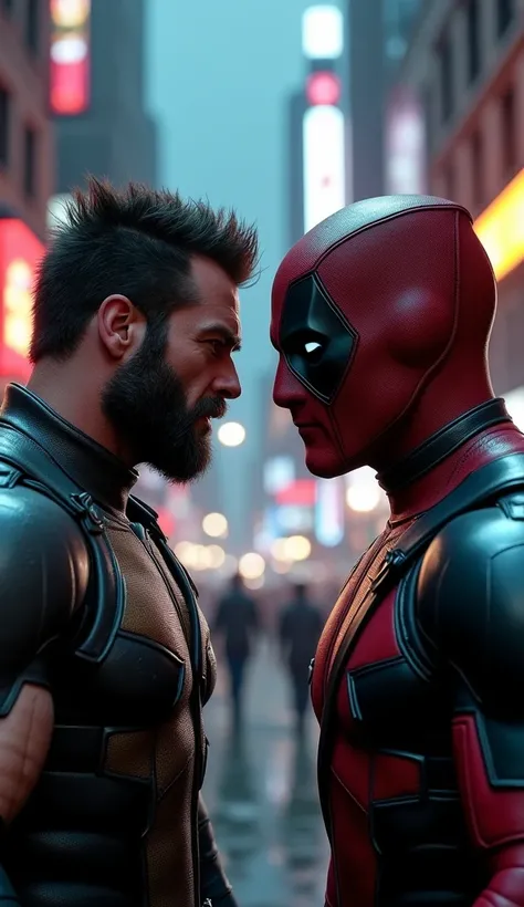 Create an image that Wolverine face to face with Deadpool, looks into each other, looks super cool, epic, legendary, city scene