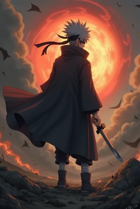 

Bottom:  devastated battlefield,  with smoke and strong winds .

Close-up de Kakashi:

Camera angle: forehead, focusing on Sharingan .

position: standing,  with a kunai in one hand ,  exuding determination .

Effect:  Sharingans Glow activating.

 Dialo...