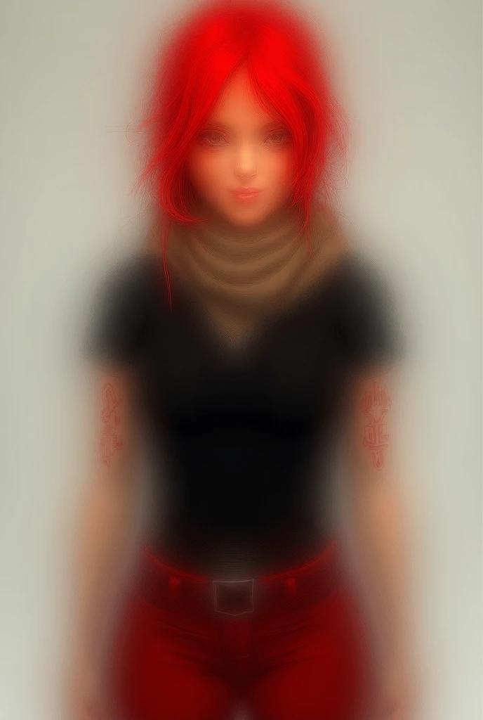  A young warrior of about 1 . 60 cm with red hair and red eyes , red tattoos,  a muscular black t-shirt , red pants ,  a light brown scarf ,  a beautiful face with feminine touches and an athletic look 