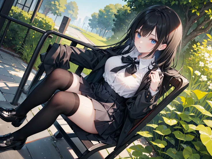 Long straight black hair , School Uniform,  blue eyes，  Black Leather Shoes  ，  black pleated skirt  ,  black knee-high socks  ,  Black Leather Shoes  ,  sitting on a chair ，Lean Back ，  charming posture , spread his legs, Lower body，HEALTHY SKIN  , Outdoo...