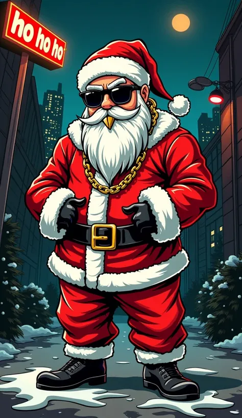 Retro cartoon gangsta santa mascot logo text "ho ho ho"