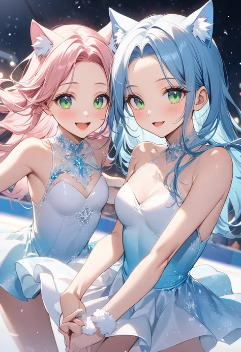 2 girls Holding hands, (Each girl has a unique appearance). BREAK. (first woman is pretty), (beautiful pink hair, beautiful green eyes, beautiful eyes, long hair, cat ears). BREAK. (another second girl is human, vivid blue hair, forehead:1.4, long hair, no...