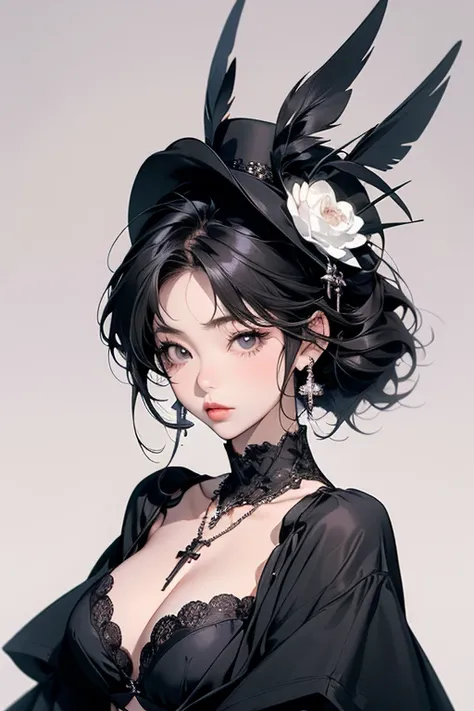 Akina Nakamori、  Black Lace Dress  、Age 25、 beautiful women、 sexy、 white cross necklace on chest、Gothic、Miniature little hat、Sharp and cute、 beautiful women、