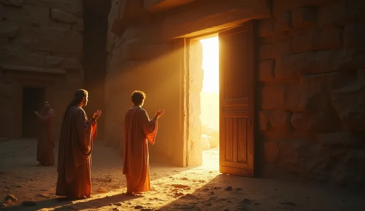   A gaping door with warm light exiting ,  representing love and forgiveness .  A figure hesitates on the threshold ,  while another inside gesticulates invitingly, embodying acceptance .   an environment that suggests an appropriate biblical and historica...