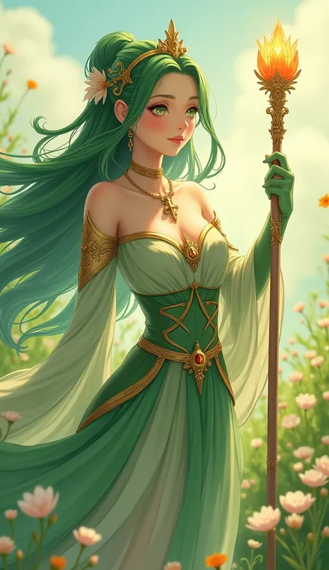 A graceful anime maiden with nature-inspired armor in shades of green and gold. She holds a glowing staff topped with a crystal flower. Surrounded by a field of blooming flowers, her calm expression reflects wisdom and kindness. Ultrarealistic details in h...