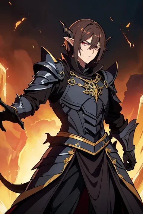 Semi-Elf Cleric Male ,  short brown hair,  black clothes and villain-looking , crazed and arrogant with a Dragon-shaped helmet ( look of contempt ) (destroyed scenario) (1 person) (dragon armor) 