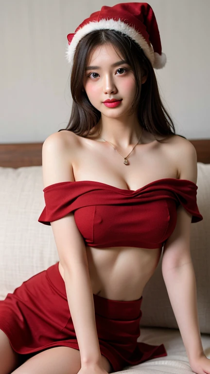 top-quality、Top image quality、​masterpiece、fully body photo、Most women are 25 years old, waved hair、Random Hair Styles、Santa Claus Cospre、Women gathering at a cosplay event、red and white knit hat、red and white off shoulder sweater, Puffy nipple、soft boob、r...