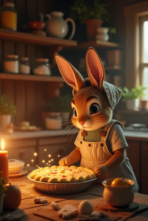 "A hyper-realistic, cinematic depiction of a charming rabbit named Tansy in a cozy, rustic kitchen, carefully crafting a delicate pie filled with glowing fruit. Tansy is dressed in a charming apron, her long ears peeking out from beneath a small bonnet. Th...