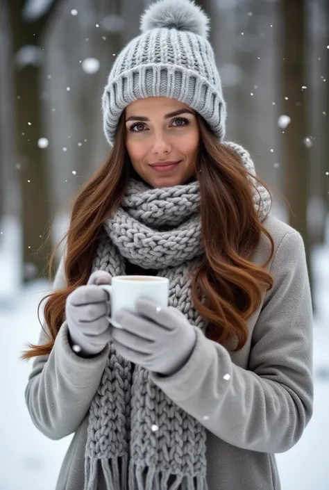 The photo depicts a woman standing outdoors in a snowy setting, surrounded by tall trees. She is dressed warmly, wearing a thick knit scarf and hat in a light gray color, along with matching gloves. Her long, wavy brown hair frames her face, and she has a ...