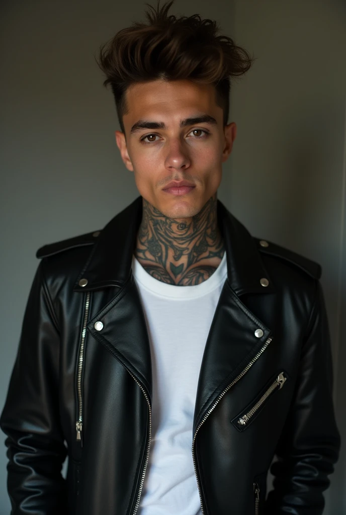 
 he is 19 years old,   in a black leather jacket over a white t-shirt , with brown skin,  serious brown eyes ,  stylized brown hair and visible tattoos up to the neck, with a mysterious posture ,  looks strong and seriously intimidating 