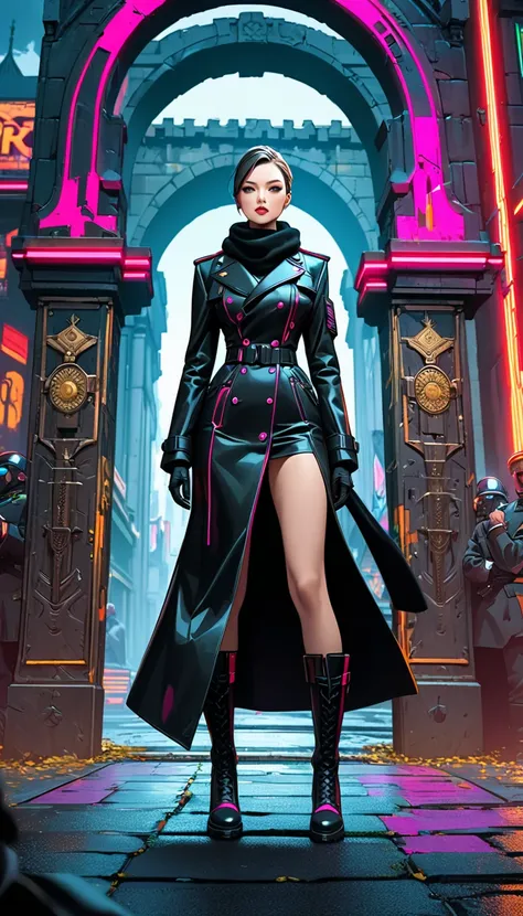 A formidable military woman adorned in a black trench coat and scarf strides proudly in front of an ancient castle gate, She wears black engineer boots and commands the admiration of the people around her, The scene is rendered in a cyberpunk style viewed ...