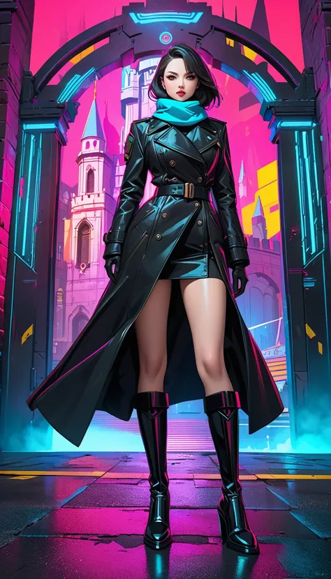 A formidable military woman adorned in a black trench coat and scarf strides proudly in front of an ancient castle gate, She wears black engineer boots and commands the admiration of the people around her, The scene is rendered in a cyberpunk style viewed ...