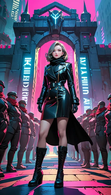 A formidable military woman adorned in a black trench coat and scarf strides proudly in front of an ancient castle gate, She wears black engineer boots and commands the admiration of the people around her, The scene is rendered in a cyberpunk style viewed ...