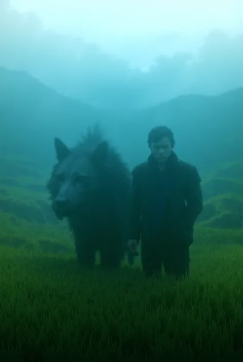 A handsome young man is walking alongside a spooky black-faced shaggy wolf on the edge of a mountain blanket rice field