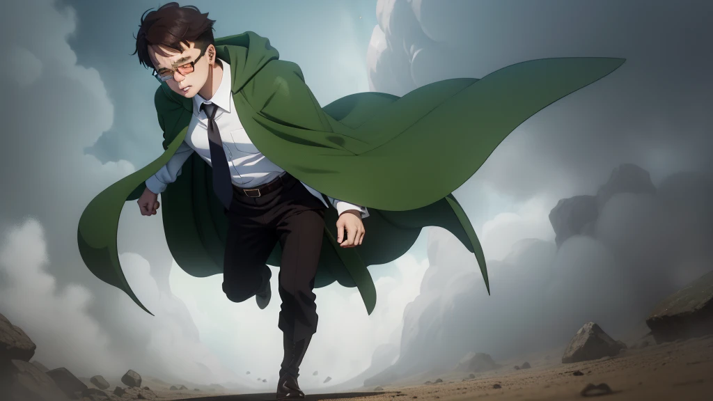 Boy guilty、、、、Head down、lose、guilty、despondency、repression、betrayal、chill、hurt、make up for、forgive、rounded glasses、green cape、full body、brown coat、white shirt、green tie、brown shorts、black boots、dinamic pose、1 、1 person、