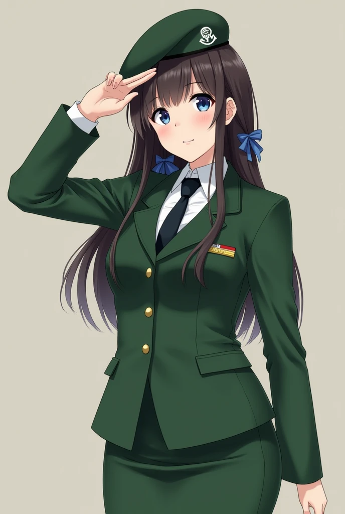 japanese woman army beret uniform,necktie green jacket suit green tight skirt,twoshot jgsdf green suit salute,army base, long hair, bangs, blue eyes, black hair, ribbon, hair ribbon, blue ribbon, hair over shoulder, medium breasts,brown hair, brown eyes, l...