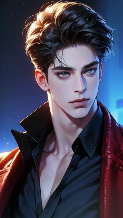 (best quality,4k,8k,highres,masterpiece:1.2),ultra-detailed,(realistic,photorealistic,photo-realistic:1.37),36 year old man,3 day beard,handsome anime,portraits,strong,masculine,dark hair,sharp jawline,mesmerizing eyes,perfectly styled hair,cool anime outf...