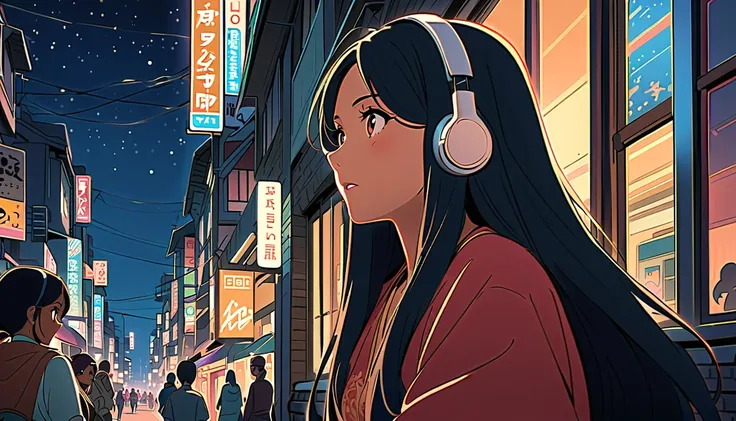  Indian woman with long hair admiring the night view,Streetscape、Indian woman with long hair listening to music on the radio 、 anime style